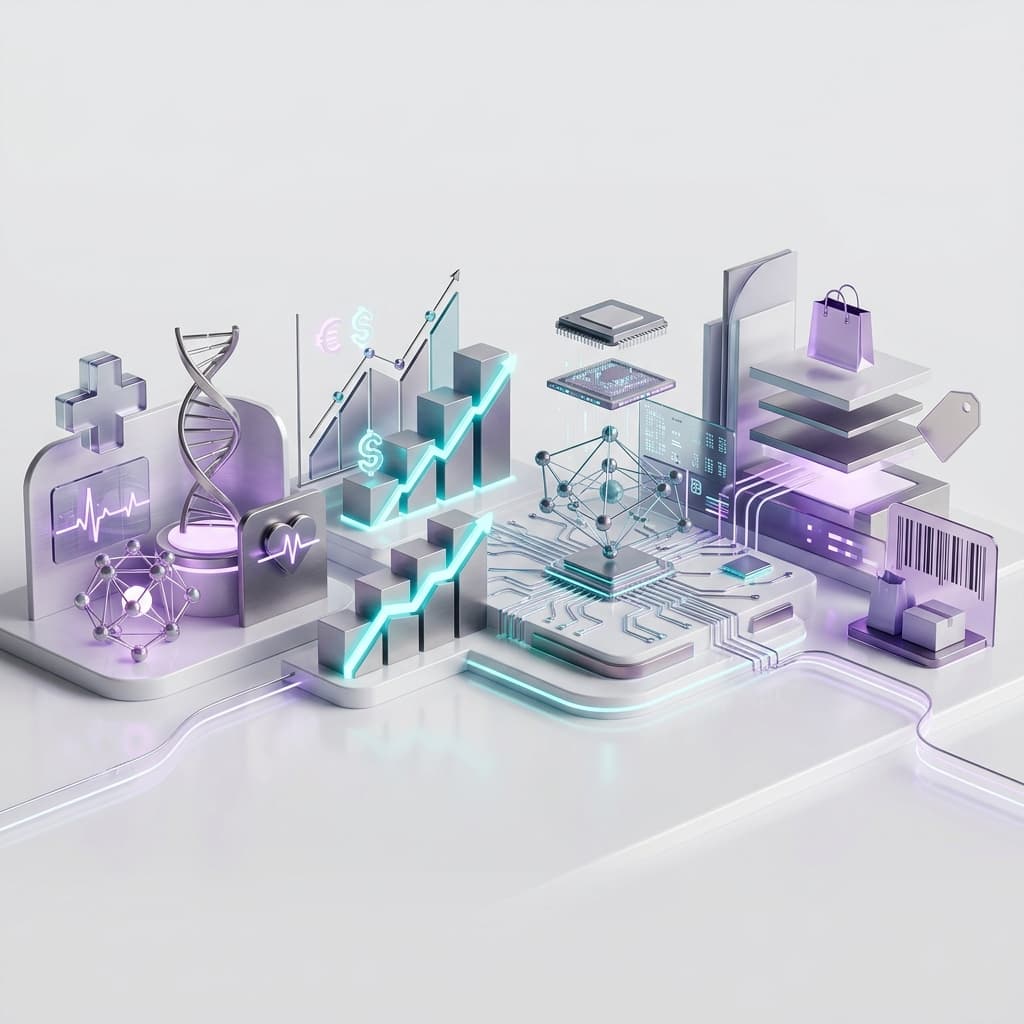Premium 3D abstract composition representing diverse industries and technology.